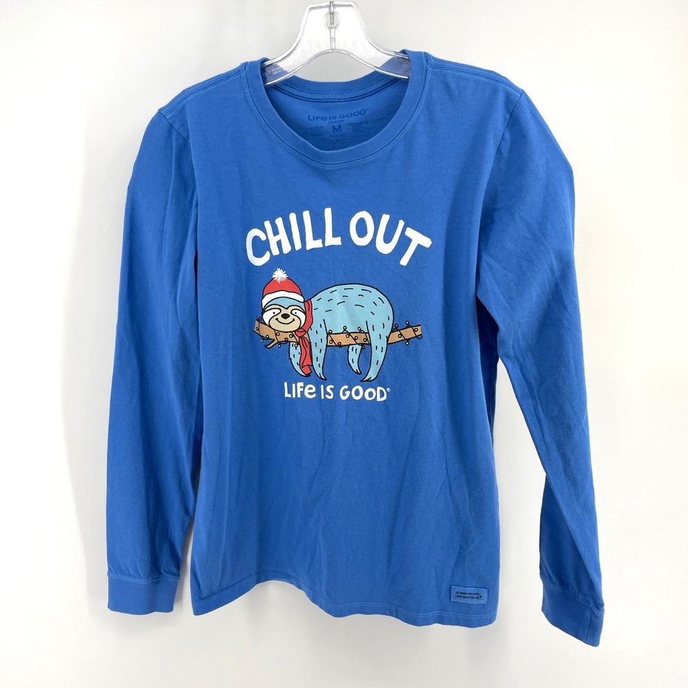 Life Is Good Chill Out Sloth Crusher‎ Tee Women's Medium Blue Christmas Graphic